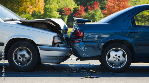 Obraz na płótnie Auto Accident Involving a Silver and Blue Car on a City Street – Rear-End Collis