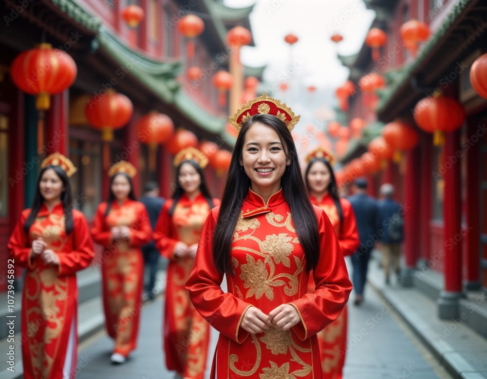Fototapeta premium Smiling Asian women in traditional red clothing celebrate Chinese New Year on street. Festive lanterns decorate the city. Group of friends enjoy happy holiday together in China.