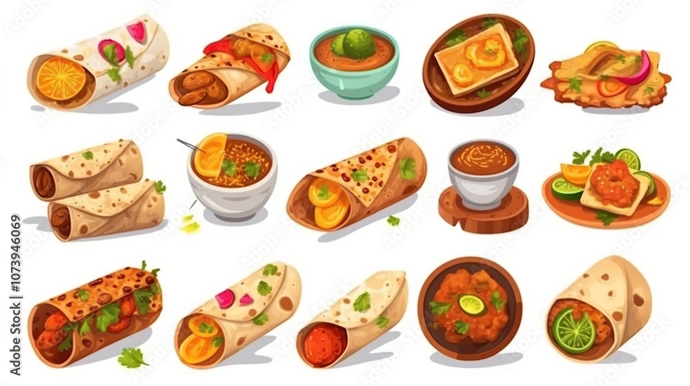 A set of 18 cartoon illustrations of Indian food, including different types of wraps, chutneys, and other snacks. A set of 18 cartoon illustrations of Indian food, including different types of wraps, chutneys, and other snacks.