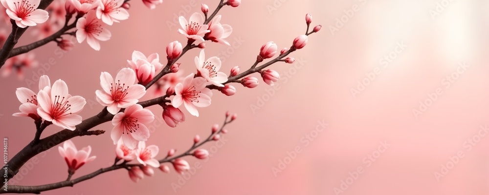 Obraz premium Pink peach blossom branch on pink background. Spring flowers, blooming cherry blossoms in bloom. Festive floral design for greeting cards, celebration, new year decor, Chinese or Japanese traditions.