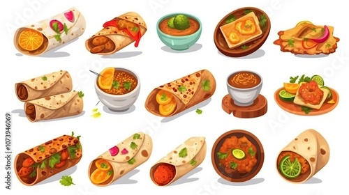 A set of 18 cartoon illustrations of Indian food, including different types of wraps, chutneys, and other snacks.