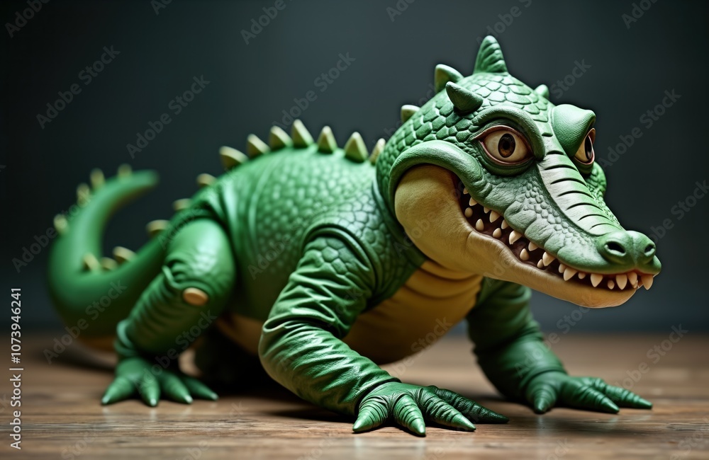 Fototapeta premium Teenager in green crocodile costume crawling on wooden floor. He wears realistic mask, has long tail and webbed feet. He imitates reptile, predator, maybe even dinosaur. Fun, playful, imaginative.