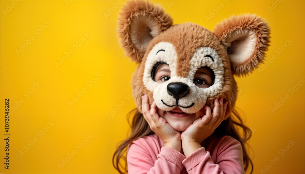 Young girl wearing a furry dog head mask smiles at the camera. The studio background is bright yellow. Her expression is playful, as she poses for a photo shoot. Young girl wearing a furry dog head mask smiles at the camera. The studio background is bright yellow. Her expression is playful, as she poses for a photo shoot.