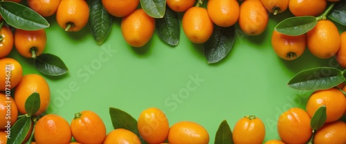Kumquat fruit on green. Top view, copy space