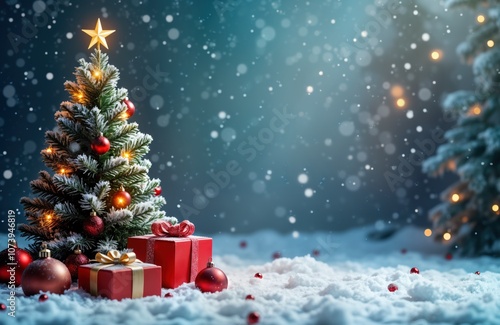 Christmas tree decorated with red ornaments and lights. Presents wrapped in festive paper sit underneath. Snowy background, perfect for winter holiday marketing.