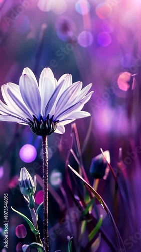 single daisy flower in soft purple and pink bokeh background, artistic nature close-up. tranquility and beauty concept