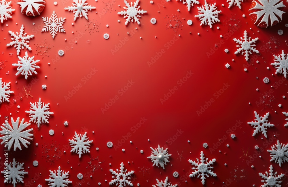 White snowflakes on red background. Winter holiday decor. Christmas, New Year design. Festive, elegant backdrop. Perfect for greeting card, social media post, banner. White snowflakes on red background. Winter holiday decor. Christmas, New Year design. Festive, elegant backdrop. Perfect for greeting card, social media post, banner.