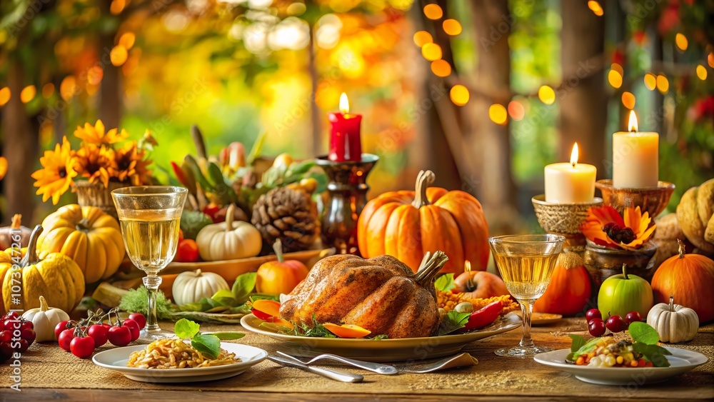 A vibrant autumn feast with a beautifully arranged turkey and festive decorations amidst colorful foliage A vibrant autumn feast with a beautifully arranged turkey and festive decorations amidst colorful foliage