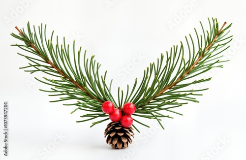 Green fir branch with red berries, pine cone isolated on white. Christmas tree twig, evergreen sprig, natural decor. Holiday, xmas, new year, celebration, festive decoration. Winter, nature, floral