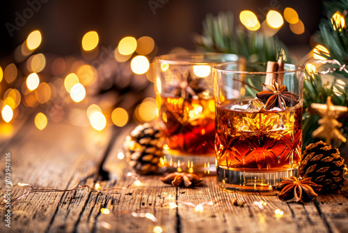 Two glasses of whiskey with ice and christmas decoration on wooden background