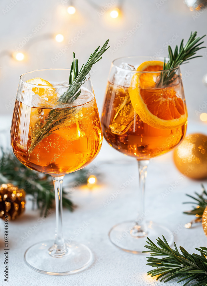 Two glasses of Aperol spritz cocktail with orange slices, ice cubes served on a table with Christmas decor Two glasses of Aperol spritz cocktail with orange slices, ice cubes served on a table with Christmas decor