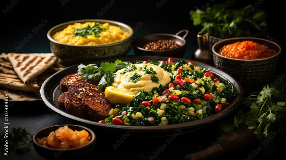 A delicious Indian meal with a variety of dishes, including spinach, chickpeas, and a creamy sauce. A delicious Indian meal with a variety of dishes, including spinach, chickpeas, and a creamy sauce.