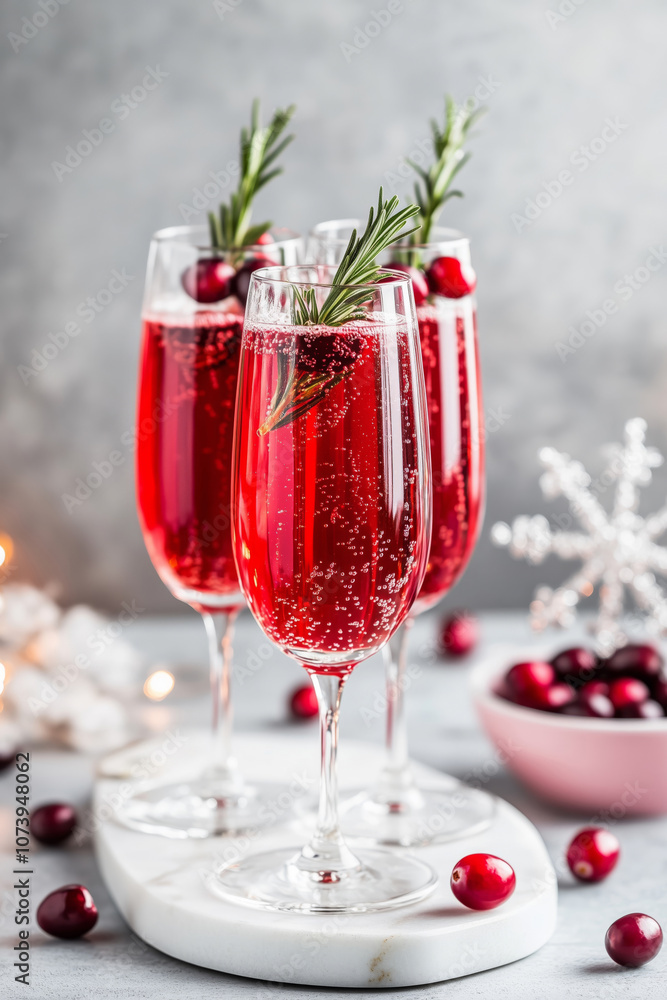 Three glasses with a sparkling red Christmas cocktail served with some red berries Three glasses with a sparkling red Christmas cocktail served with some red berries