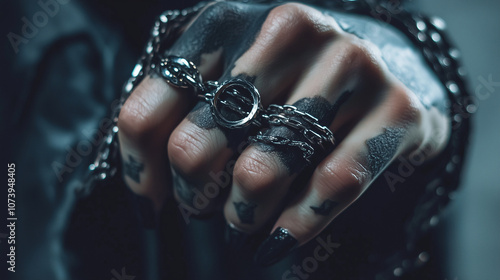 Her hand adorned with silver rings gripping a metal chain, close-up of fingers with dark nail polish and edgy jewelry photo