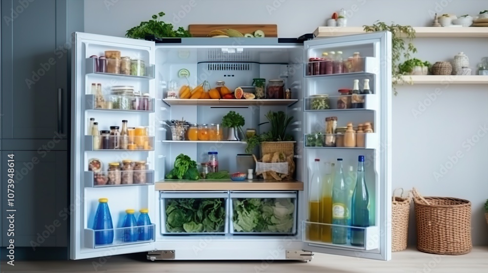 A well-stocked refrigerator with fresh produce, dairy, and other groceries. A well-stocked refrigerator with fresh produce, dairy, and other groceries.