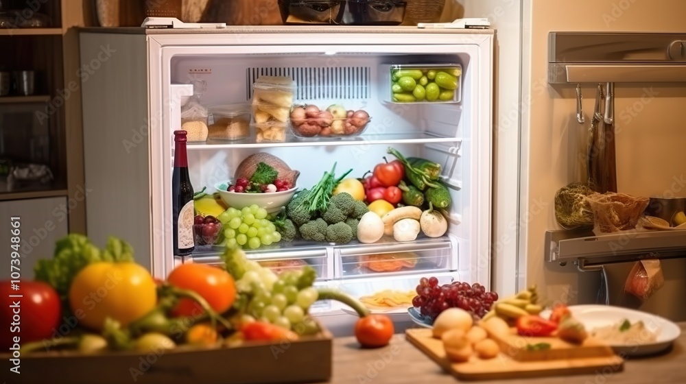 A well-stocked refrigerator with fresh produce, dairy, and wine. There are also some fruits and vegetables on the countertop in front of the refrigerator. A well-stocked refrigerator with fresh produce, dairy, and wine. There are also some fruits and vegetables on the countertop in front of the refrigerator.