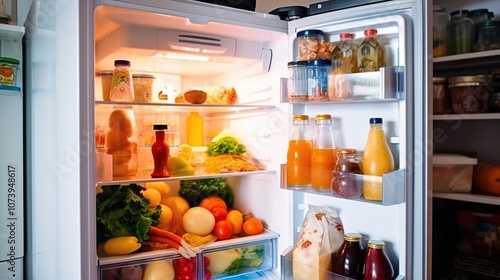 Open refrigerator with food and drinks inside.