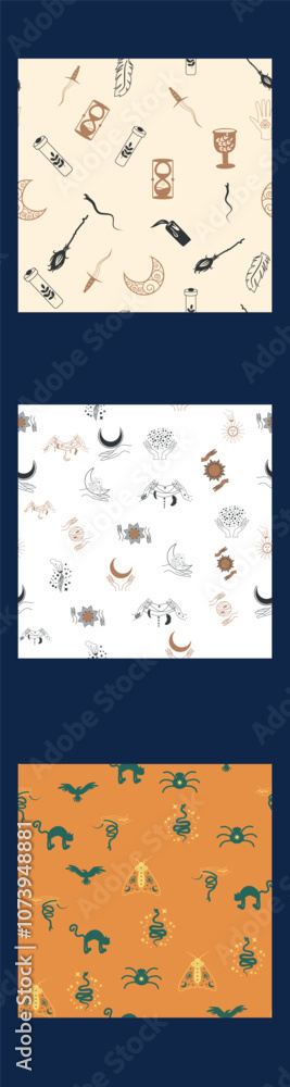 Vertical border, set Magic and heavens seamless pattern. Symbols and elements of the witchcraft theme Vertical border, set Magic and heavens seamless pattern. Symbols and elements of the witchcraft theme