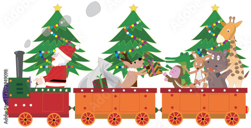 クリスマスにサンタクロースとトナカイが蒸気機関車でプレゼントを渡しているイラスト素材です。