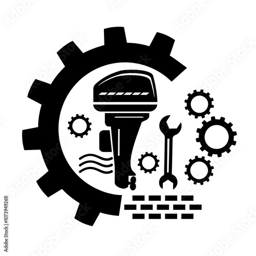 Vector illustration, icon, logo of an outboard boat motor and gears. Isolated on a white background.