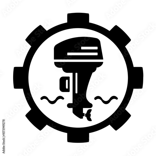 Vector illustration, icon, logo of an outboard boat motor and gears. Isolated on a white background.