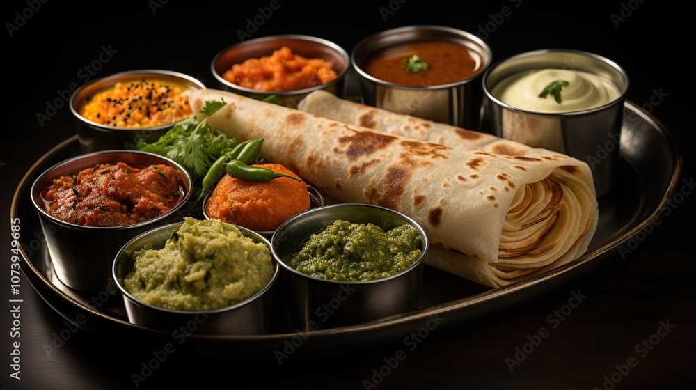 A platter of Indian food, with a variety of dips, sauces, and flatbread, arranged in a visually appealing way on a metal tray. A platter of Indian food, with a variety of dips, sauces, and flatbread, arranged in a visually appealing way on a metal tray.