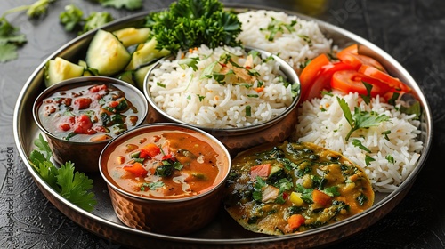 A traditional Indian thali meal with rice, vegetable curries, and chutneys served on a silver platter.