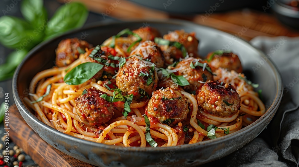 A bowl of spaghetti and meatballs with basil and parmesan cheese. A bowl of spaghetti and meatballs with basil and parmesan cheese.