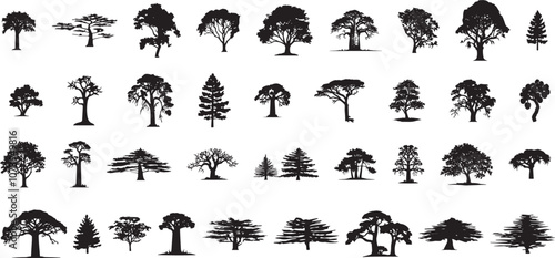 silhouette tree line drawing set, Side view, set of