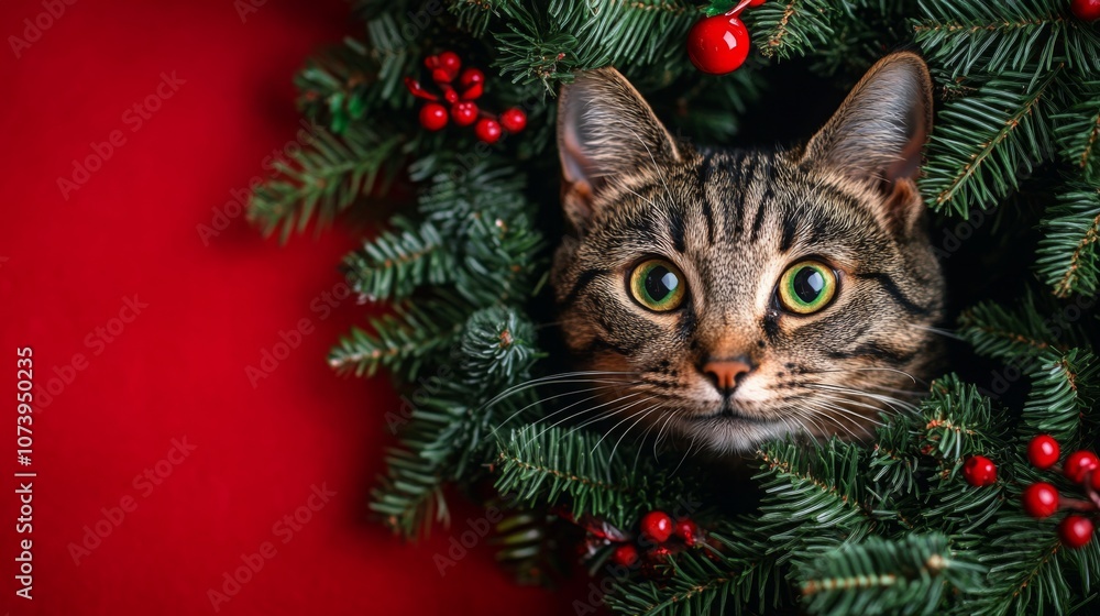 Cute cozy cat Christmas banner with copy space. Cute animal in Xmas costume. Funny portrait of pets. Winter season banner design with place for text. Cute cozy cat Christmas banner with copy space. Cute animal in Xmas costume. Funny portrait of pets. Winter season banner design with place for text.