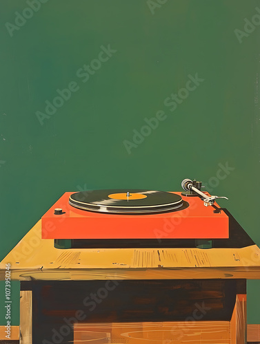 modern art, donald judds oil painting exemplifies minimalism with bold contours and intense colors the turntable, wood table, green background, and phonograph are prominent
