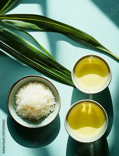 Nutritional Merits of Sticky Rice Simmered in Pandan Leaf Water vs. Lemongrass Tea, Highlighting Southeast Asian Flavors photo