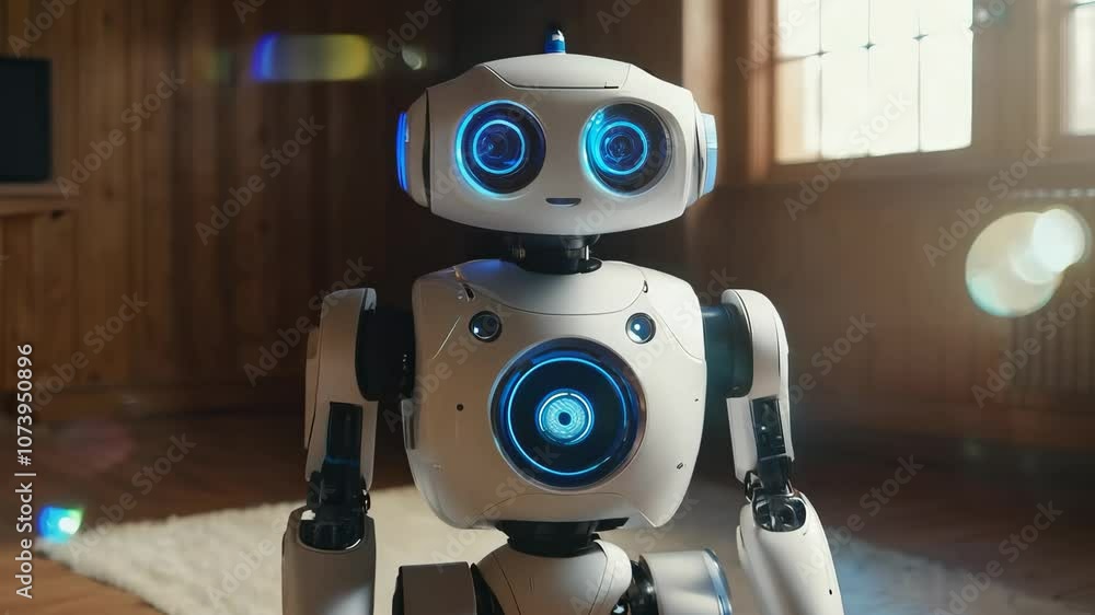 A robot is standing in a room with a chair and a window. The robot is white and blue A robot is standing in a room with a chair and a window. The robot is white and blue