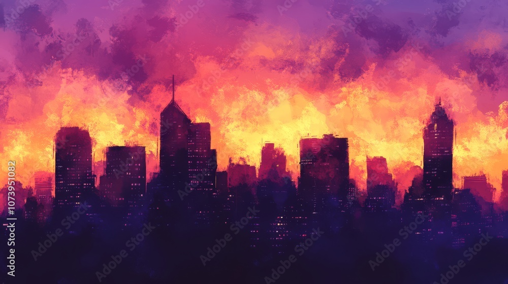 Silhouette of a city skyline with a fiery sunset in the background. Silhouette of a city skyline with a fiery sunset in the background.