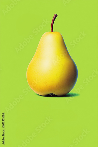 Bright yellow pear with green leaves against a vivid yellow background showcasing natural freshness and simplicity in design. Generative AI