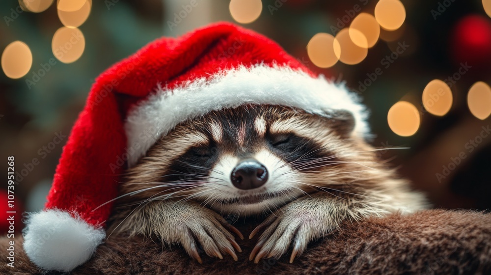 Cute cozy racoon enjoys snowy winter Christmas banner. Cute happy pet portrait. Seasonal banner design with place for text. Cute cozy racoon enjoys snowy winter Christmas banner. Cute happy pet portrait. Seasonal banner design with place for text.