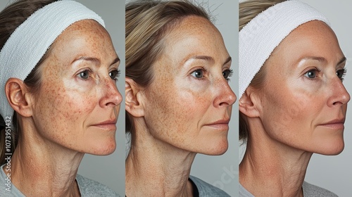 Progression of Women's Skin Treatment: Three Images Displaying Improved Skin Texture and Appearance Over Time photo