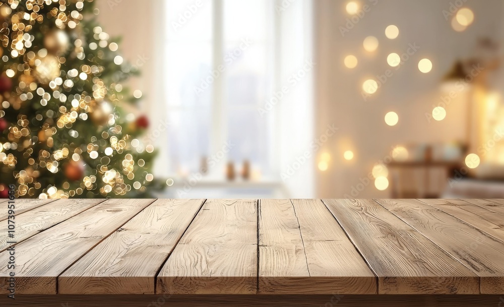 Rustic wooden table with a blurred Christmas tree and glowing lights in the background. Perfect for product displays, holiday promotions, social media posts, and festive marketing designs Rustic wooden table with a blurred Christmas tree and glowing lights in the background. Perfect for product displays, holiday promotions, social media posts, and festive marketing designs