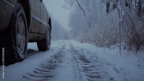 Car wheel on a snowy path, tire treads leaving lines in snow, frosty air, overcast winter setting. photo