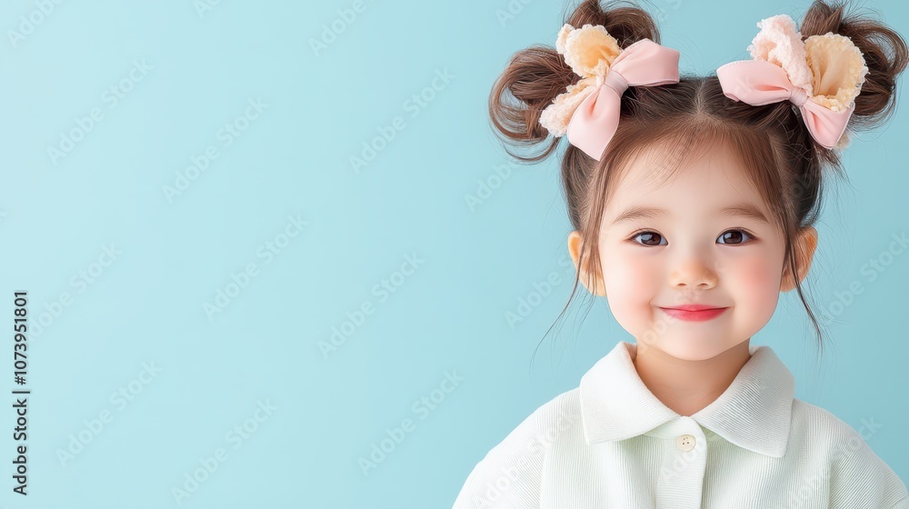 Two-year-old Asian girl smiling brightly with pigtails and bows on a solid baby blue background Two-year-old Asian girl smiling brightly with pigtails and bows on a solid baby blue background