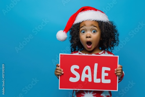 Excited young Black girl in a Santa hat holding a 'Sale' sign against a blue background. Perfect for Christmas promotions, holiday sales ads, social media campaigns, and retail marketing photo