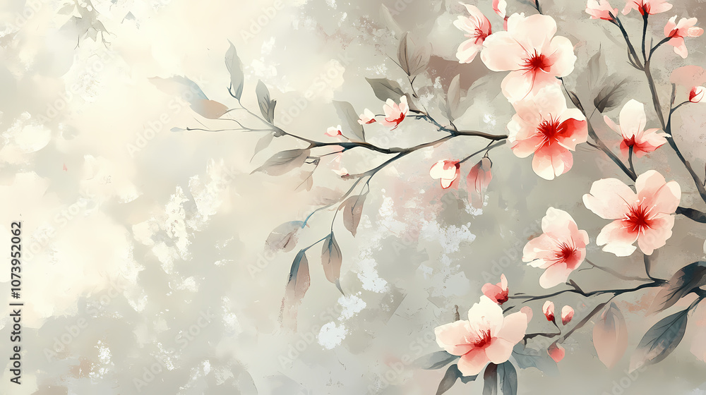 Fototapeta premium sakura and peony branches, gentle summer blooms with rich foliage, rustic floral design, watercolor style. Rustic. Illustration