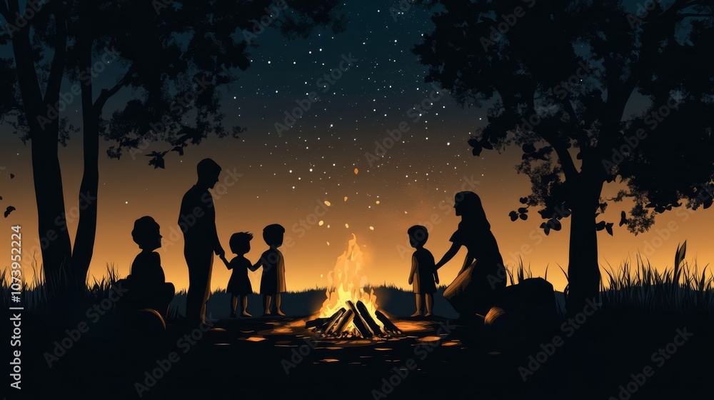 Silhouette of a family gathered around a campfire under a starry night sky. Silhouette of a family gathered around a campfire under a starry night sky.