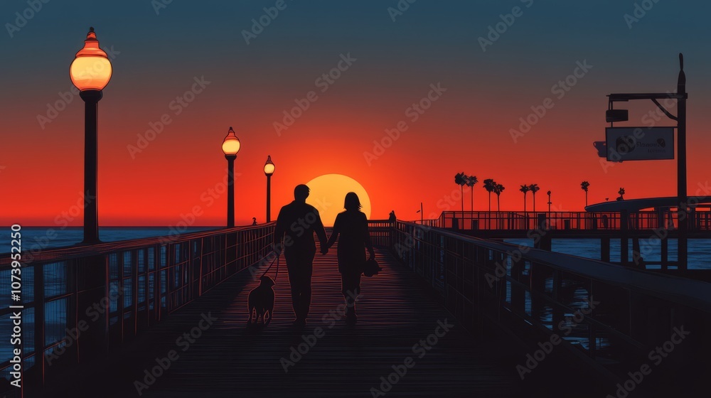 A couple walks hand-in-hand on a pier at sunset, with their dog following behind. A couple walks hand-in-hand on a pier at sunset, with their dog following behind.
