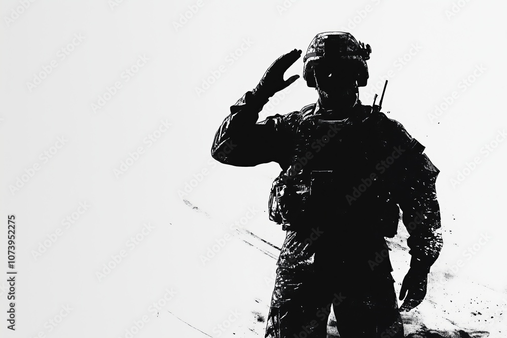 A Black and White Silhouette Illustration of a Soldier Saluting with a White Background A Black and White Silhouette Illustration of a Soldier Saluting with a White Background