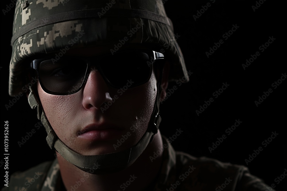 Elite member of US Army rangers in combat helmet and dark glasses. Studio shot, dark black background, looking at camera, dark contrast Elite member of US Army rangers in combat helmet and dark glasses. Studio shot, dark black background, looking at camera, dark contrast