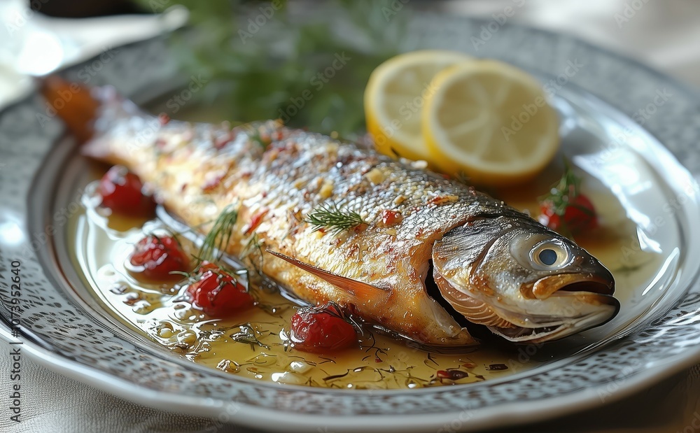 Deliciously Grilled Fish Served on Beautifully Decorated Plate with Lemon Slices and Cherry Tomatoes, Perfect for Gourmet Dining and Culinary Presentation. Enhance Your Dinner Table with Seafood Dish.