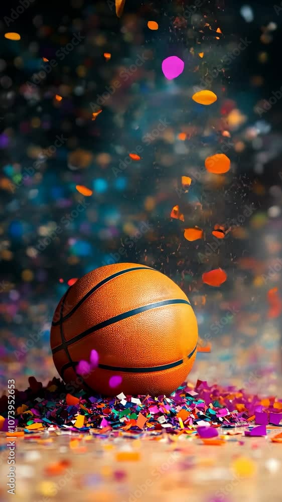 A basketball is sitting on a pile of confetti. The confetti is in various colors and is scattered around the basketball A basketball is sitting on a pile of confetti. The confetti is in various colors and is scattered around the basketball