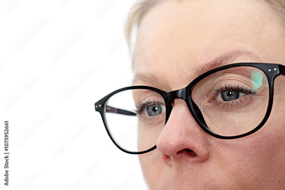 woman with glasses on display with grey background stock photo stock image woman with glasses on display with grey background stock photo stock image