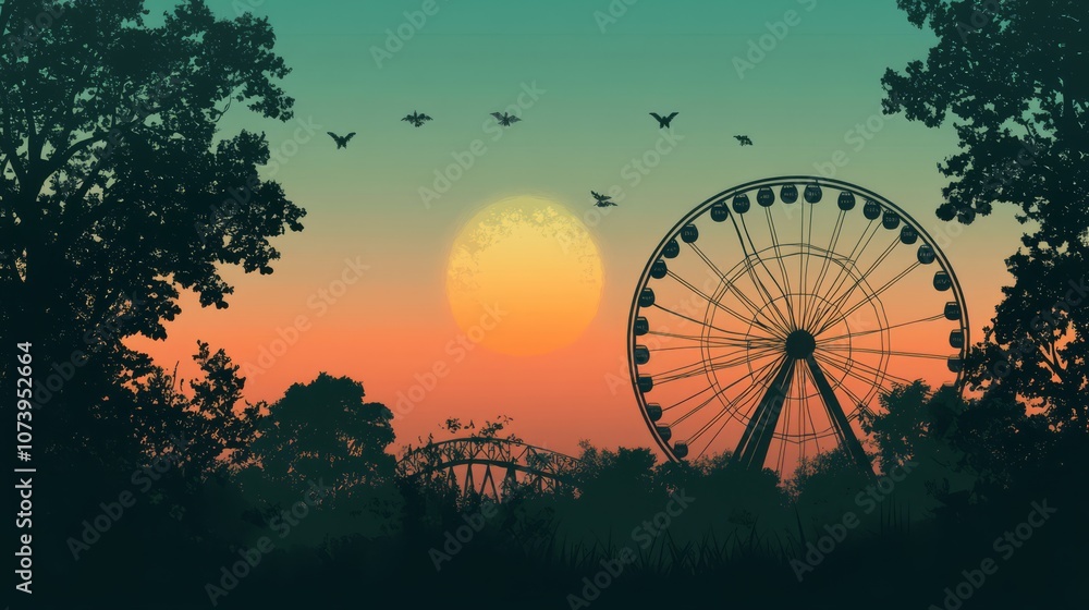 A ferris wheel silhouette against a sunset sky with birds flying and trees in the foreground. A ferris wheel silhouette against a sunset sky with birds flying and trees in the foreground.